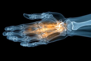 Naklejka premium Detailed representation of a human hand with highlighted joints and bones showcasing anatomical features