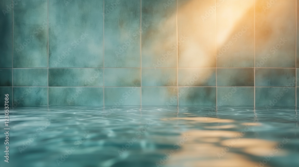 Poster this serene image captures a tranquil bathroom space with turquoise tiled walls and a gentle water s