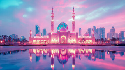 Naklejka premium Stunning Mosque Reflection at Dawn: Architectural Beauty in Cityscape