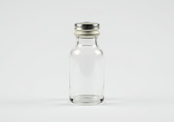 A small clear glass bottle with a cylindrical shape and a polished silver cap isolated on a white background