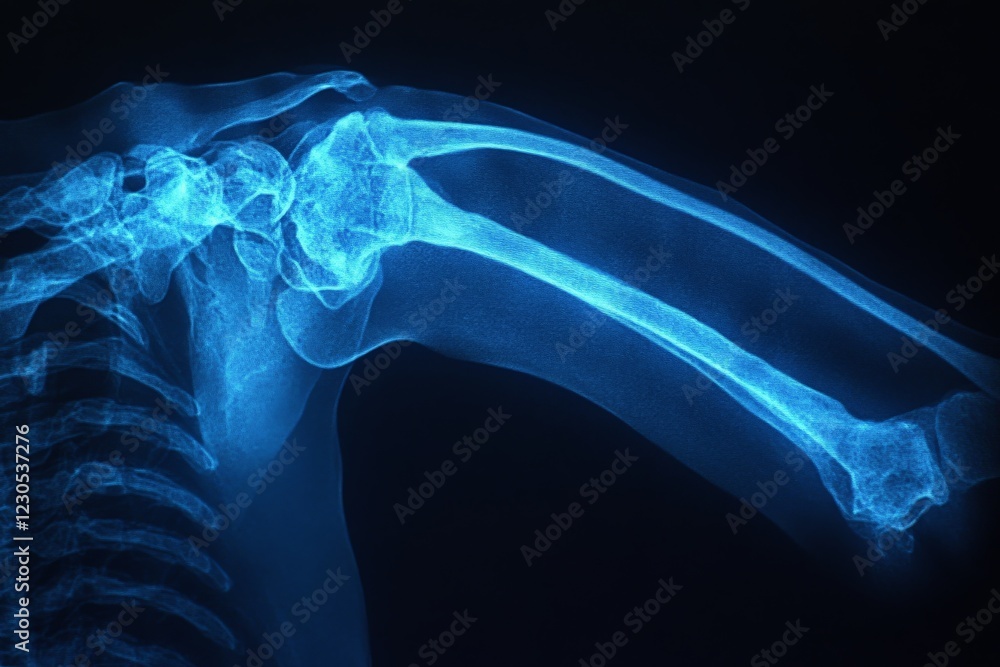 Poster detailed view of a human shoulder joint with bones and cartilage structure shown in x-ray imaging sh
