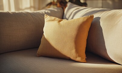 A tan pillow sits on a couch, casting a shadow on the couch