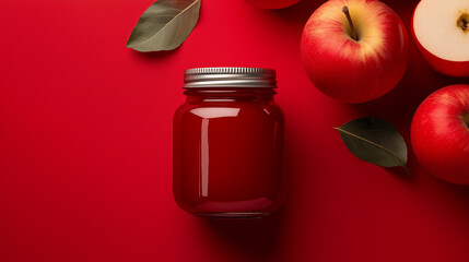 Fresh red apples surrounding a glass jar filled with apple juice on a vibrant red background, organic fruit, healthy beverage, farm produce, and natural nutrition concept