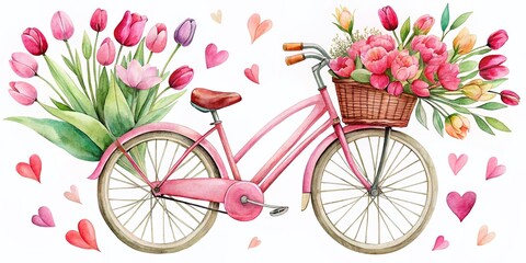 Watercolor Pink Bicycle with Tulips & Hearts - Hand-Painted Spring Illustration