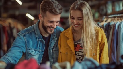 Fototapeta premium Young couple choosing clothes from sustainable second hand shop