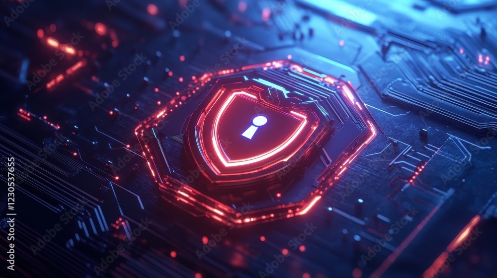 Poster digital blockchain interface with cyber protection button and circuits concept at abstract technolog