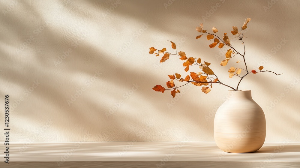 Poster a minimalist composition featuring a simple vase with dried autumn branches, exuding warmth and tran