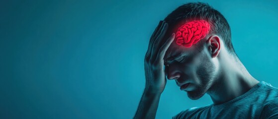 Young man experiencing a headache or migraine with a highlighted brain in red, depicting mental health issues, stress, or neurological disorders on a blue background Concept of healthcare, neurology,