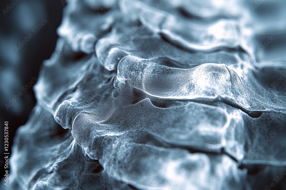 Poster Detailed close-up view of a textured surface resembling organic or geological formations in a monochromatic color scheme