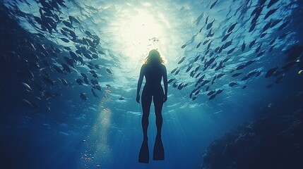 Fototapeta premium Underwater Silhouette: A Woman Freediving Amidst a School of Fish