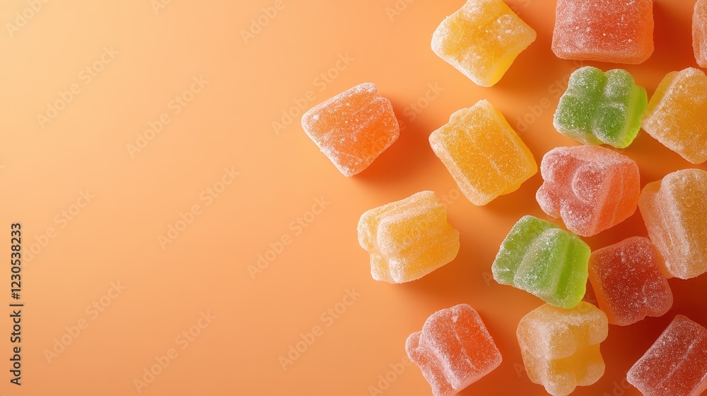 Poster this appealing close-up displays an assortment of colorful gummy candies, artistically arranged agai