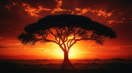 Fototapeta premium Silhouette of acacia tree at sunset in African savanna.
