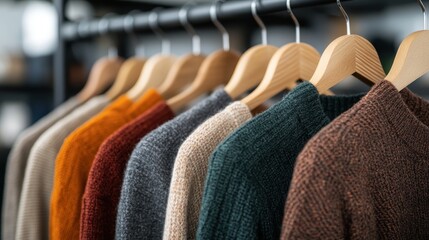 Obraz premium This warm and inviting image displays an array of cozy sweaters in various colors hanging on a rack, perfect for capturing the essence of comfort and seasonal style.