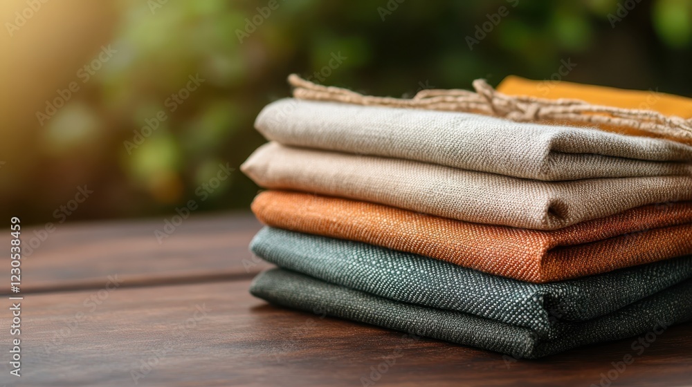 Poster an elegant stack of folded linen textiles showcasing earthy tones, perfectly arranged to create a wa