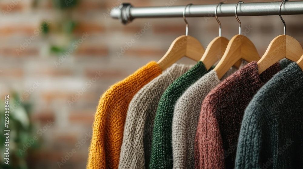 Aufkleber this visually appealing image showcases an array of colorful knitted sweaters on a rack, illustratin