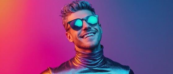 Smiling adult white man with sunglasses and metallic turtleneck under vibrant neon lights Concept of futuristic fashion, retro style, and positive mood