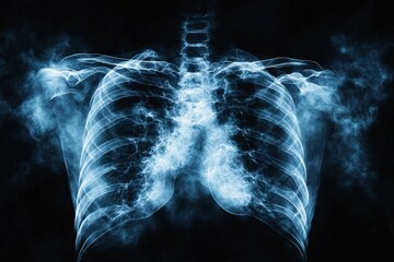 Detailed view of human lungs surrounded by swirling smoke illustrating respiratory anatomy