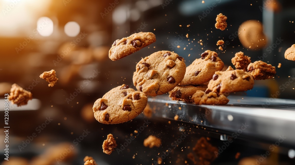 Poster this dynamic image shows chocolate chip cookies dramatically flying through the air, emphasizing mov