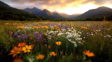 Fototapeta premium A stunning field full of vibrant wildflowers presents a magnificent scene under a dramatically lit sky, showcasing an enchanting view of nature's artwork.