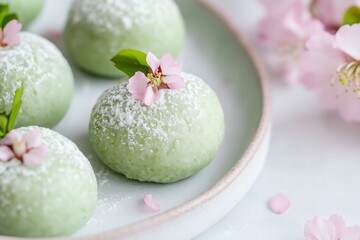 Zen-inspired composition featuring perfectly round matcha mochi with a subtle sakura filling, their muted green hues providing a harmonious contrast to the soft pink cherry blossom garnish