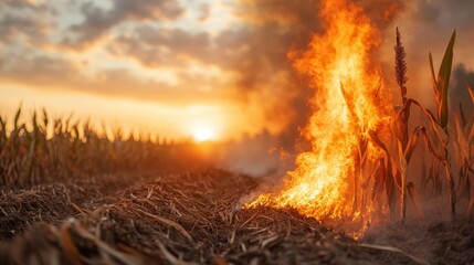 An impactful scene showcasing a cornfield burning under dusky light, with dramatic shadows and vibrant flames showcasing the stark reality of nature's fierce elements.