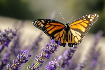 A monarch butterfly rests delicately on a blooming lavender flower, showcasing its intricate wing patterns. The vibrant colors contrast beautifully against the rich purple blooms