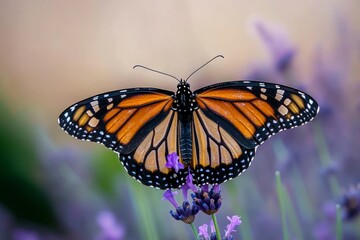 Naklejka premium A monarch butterfly rests gracefully on a lavender flower, highlighting its vibrant orange and black wings against soft pastel colors. A stunning display of nature's beauty captured in high clarity