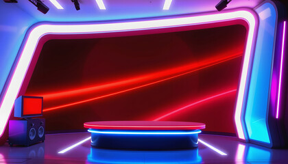 Modern tv game show studio set glowing with neon lights and futuristic design , with white tonespng