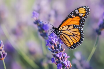 Naklejka premium A monarch butterfly delicately perches on a lavender flower, revealing its intricate wing patterns. This serene moment captures the harmony of nature during daylight hours