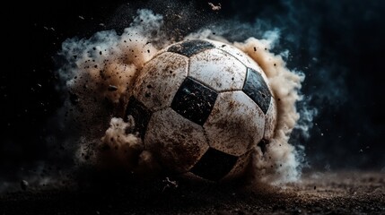 a photo realistic soccer ball as a planet in space with smoke and explosions, digital art