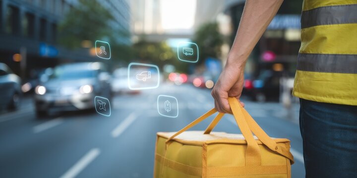 Food Delivery Worker in Urban Setting with Technology Overlay