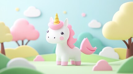 Fototapeta premium Cute unicorn in pastel landscape, spring scene, kids illustration