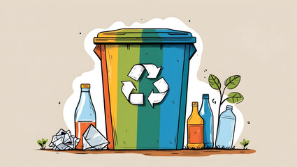 Colorful recycling bin surrounded by various recyclable materials on a light background