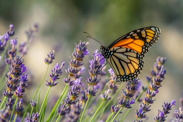 A monarch butterfly delicately perches on vibrant lavender blooms, its intricate wing details highlighted by soft sunlight. The setting captures the beauty of nature in bloom