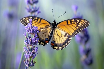 Naklejka premium A monarch butterfly rests delicately on a lavender flower, highlighting its intricate wing patterns. Soft light enhances the colors during a peaceful afternoon in a garden