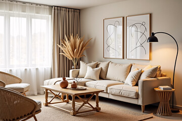 Neutral Minimalist Living Room with Elegant Decor and Warm Lighting
