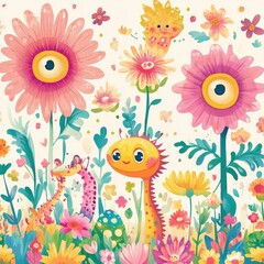 Obraz premium Whimsical creatures frolic amongst vibrant colorful flowers