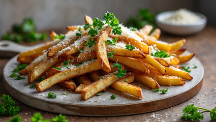 Delicious crispy fries topped with fresh herbs and cheese, beautifully plated in a cozy setting