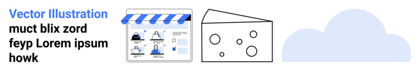Hand-drawn video player interface with play button and user profile icons, cheese slice with holes, and simple blue cloud shape. Ideal for tech, food, weather, design, education, multimedia