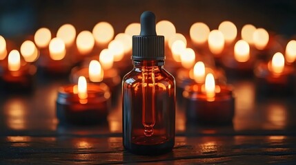 A bottle of essential oil is placed on a table next to a bunch of candles