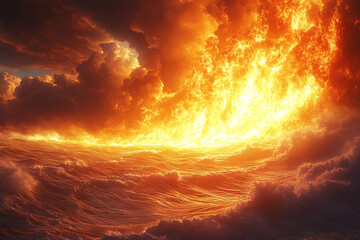 Fototapeta premium Fiery Inferno Engulfs Turbulent Ocean Waves