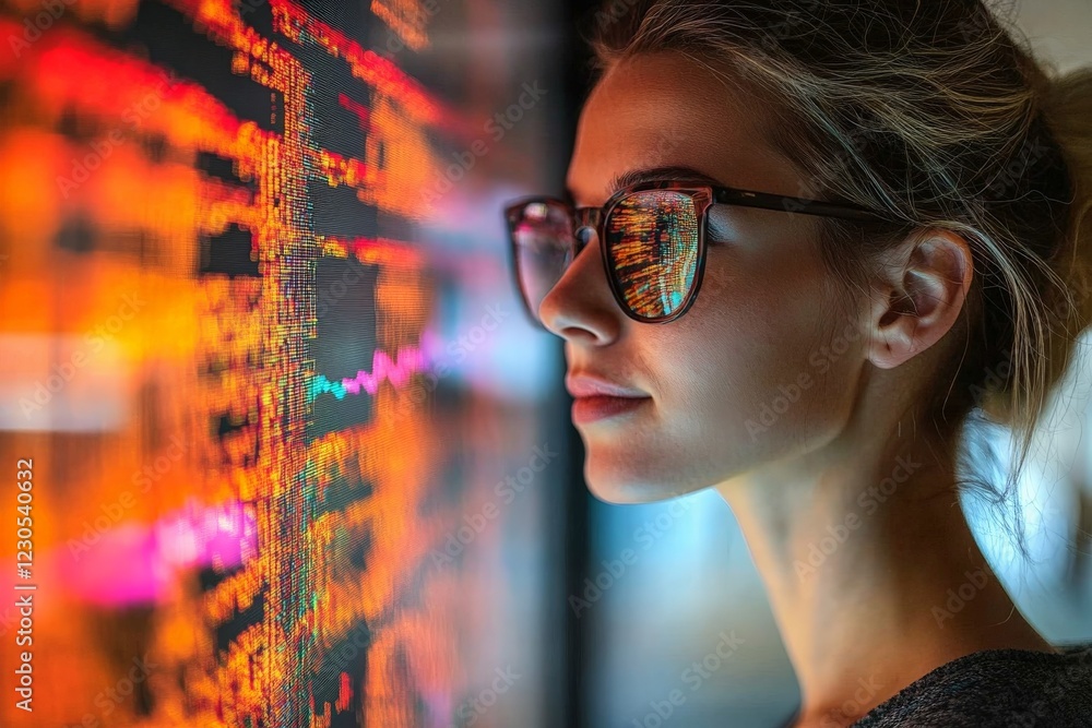 Fototapete woman analyzing financial data with reflected graphs in sunglasses, showcasing concentration and dig