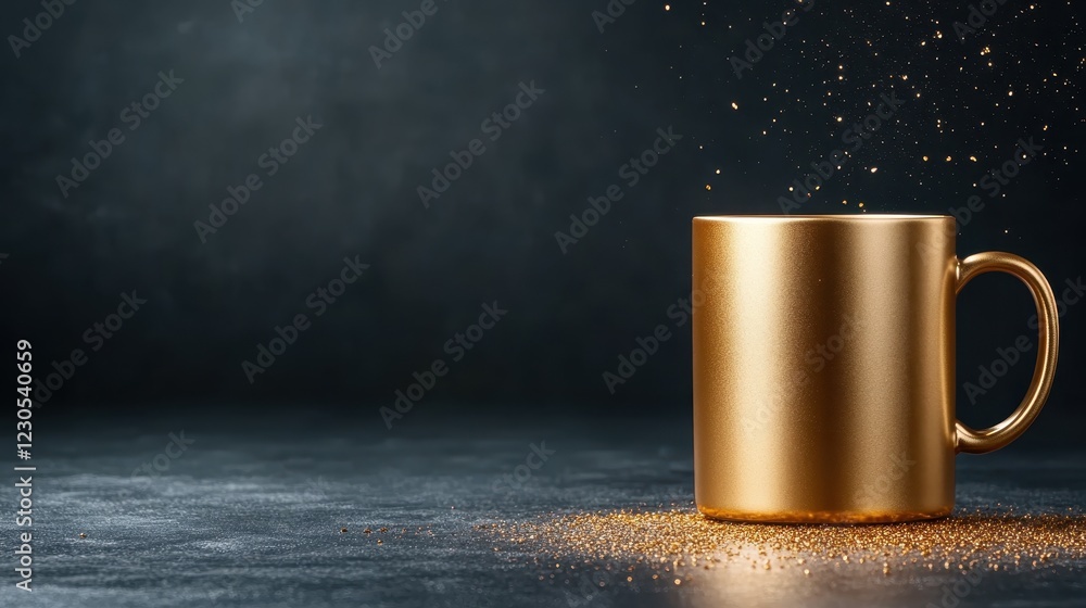Poster a stylish golden mug captures attention with its shimmering surface, complemented by floating sparkl