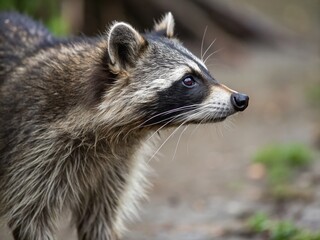 Naklejka premium Wet-Nosed Raccoon Macro Portrait: Close-up Wildlife Photography