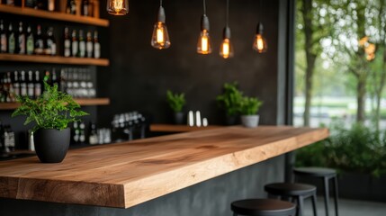 This modern bar features a stylish wooden counter accented by hanging Edison bulbs and copious greenery, creating a fresh and vibrant atmosphere for gatherings and leisure.