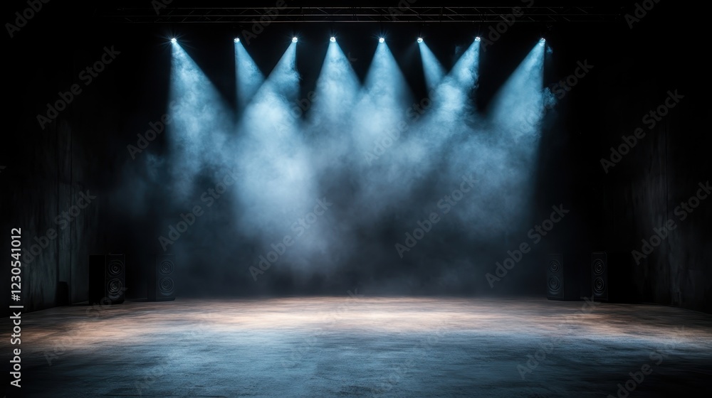 Poster an enchanting scene featuring an empty stage illuminated by dynamic spotlights and enveloped in mist