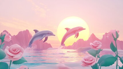 Dolphins leaping sunset ocean roses