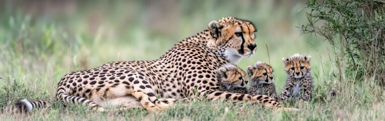 Fototapeta premium A mother cheetah lies comfortably in the tall grass, observing her three energetic cubs as they frolic and engage with one another in the wild