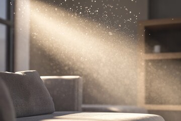 Sunlit dust motes dance in a minimalist living room, illuminating a gray sofa and pillow.
