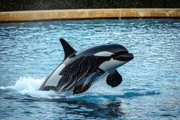Fototapeta premium An orca whale leaps from the ocean, creating a spectacular display of water droplets cascading off its glossy skin